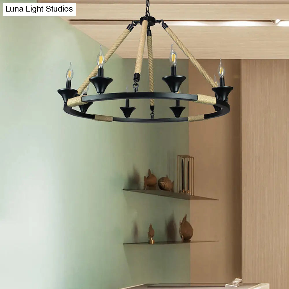 Farmhouse Candle Chandelier - 8 Light Metal Ceiling Fixture For Living Room In Black