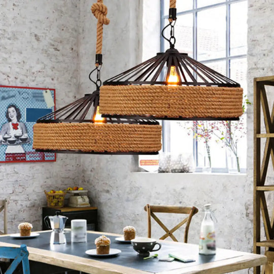 Farmhouse Metal Drop Lamp With Rope Barn Shade In Black - Perfect For Dining Room Suspension