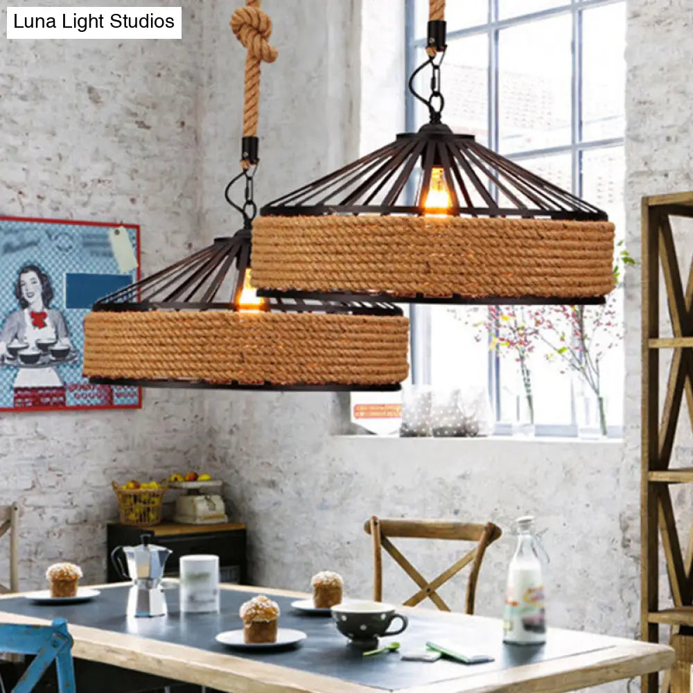 Black Metal Rope Barn Pendant Lamp - Farmhouse Head Suspension Lighting For Dining Room / 12