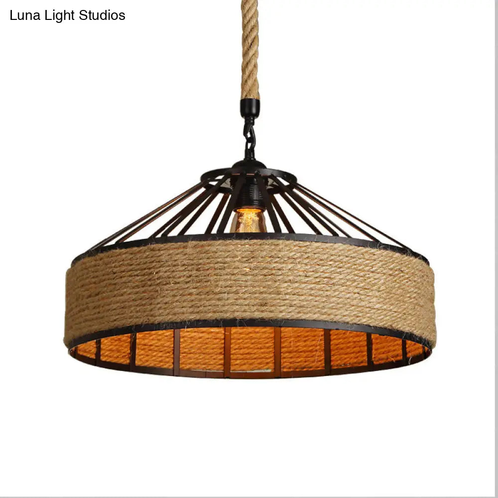 Black Metal Rope Barn Pendant Lamp - Farmhouse Head Suspension Lighting For Dining Room