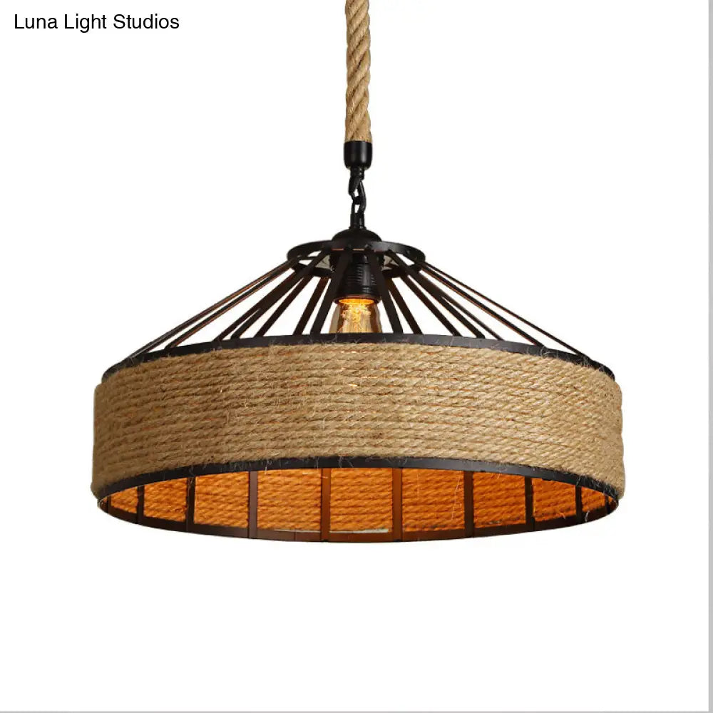 Farmhouse Metal Drop Lamp With Rope Barn Shade In Black - Perfect For Dining Room Suspension