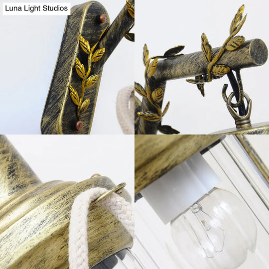 Farmhouse Metal Lantern Sconce - Brass Wall Mount Light With Branch Arm