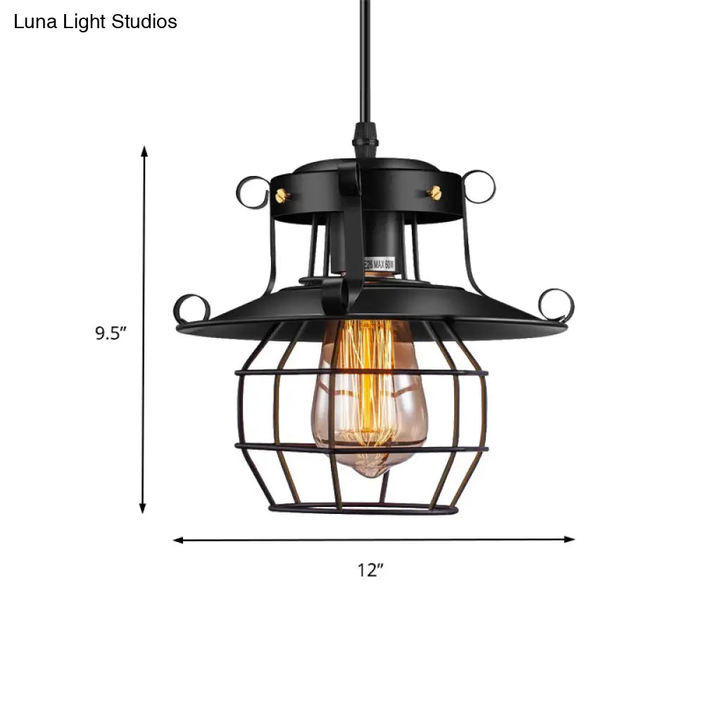 Farmhouse Black Wire Cage Pendant Light Kit For Dining Room With Metal Shade