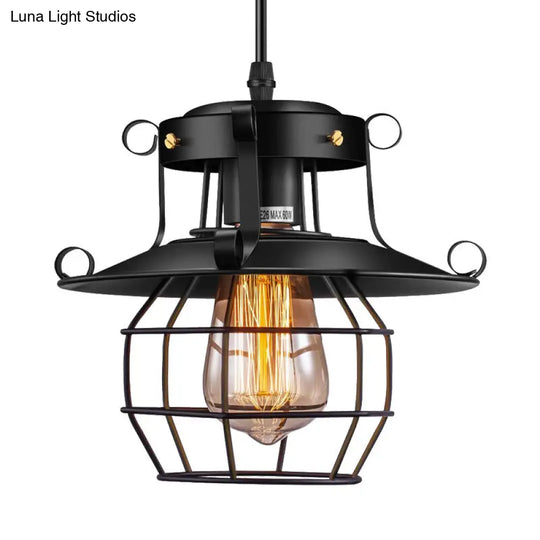 Farmhouse Black Wire Cage Pendant Light Kit For Dining Room With Metal Shade