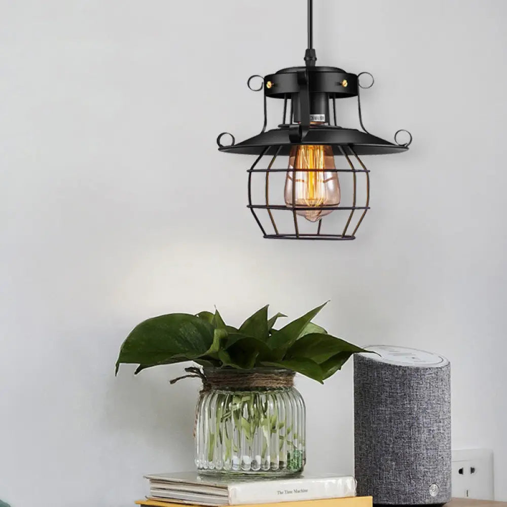 Farmhouse Metal Pendant Light - Wire Cage Dining Room Hanging Kit 1-Light Black Finish