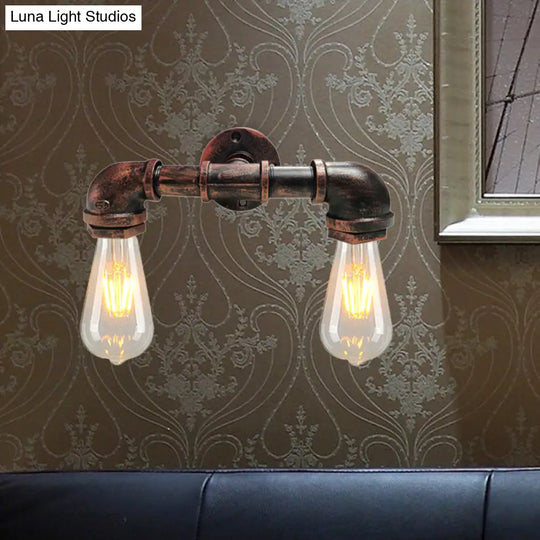 Farmhouse Metal Sconce Light With 2-Head Bare Bulbs In Black/Rust Finish