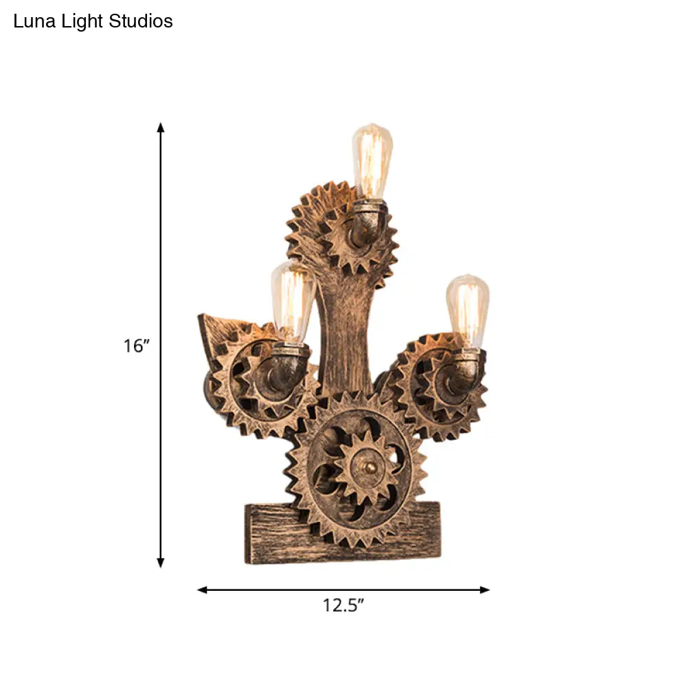 Farmhouse Metal Wall Lamp: Open Bulb Design With 3 Heads Brass Finish Gear & Anchor Backplate -