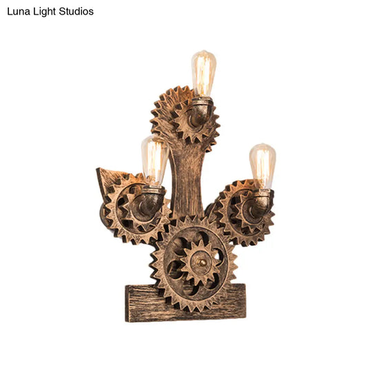 Farmhouse Metal Wall Lamp: Open Bulb Design With 3 Heads Brass Finish Gear & Anchor Backplate -