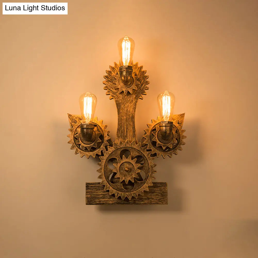 Farmhouse Metal Wall Lamp: Open Bulb Design With 3 Heads Brass Finish Gear & Anchor Backplate -