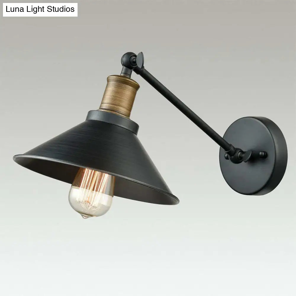 Farmhouse Metal Wall Light With Cone Shade - Black/Brass Mounted Bathroom Lamp Pivot Joint 1/2-Light