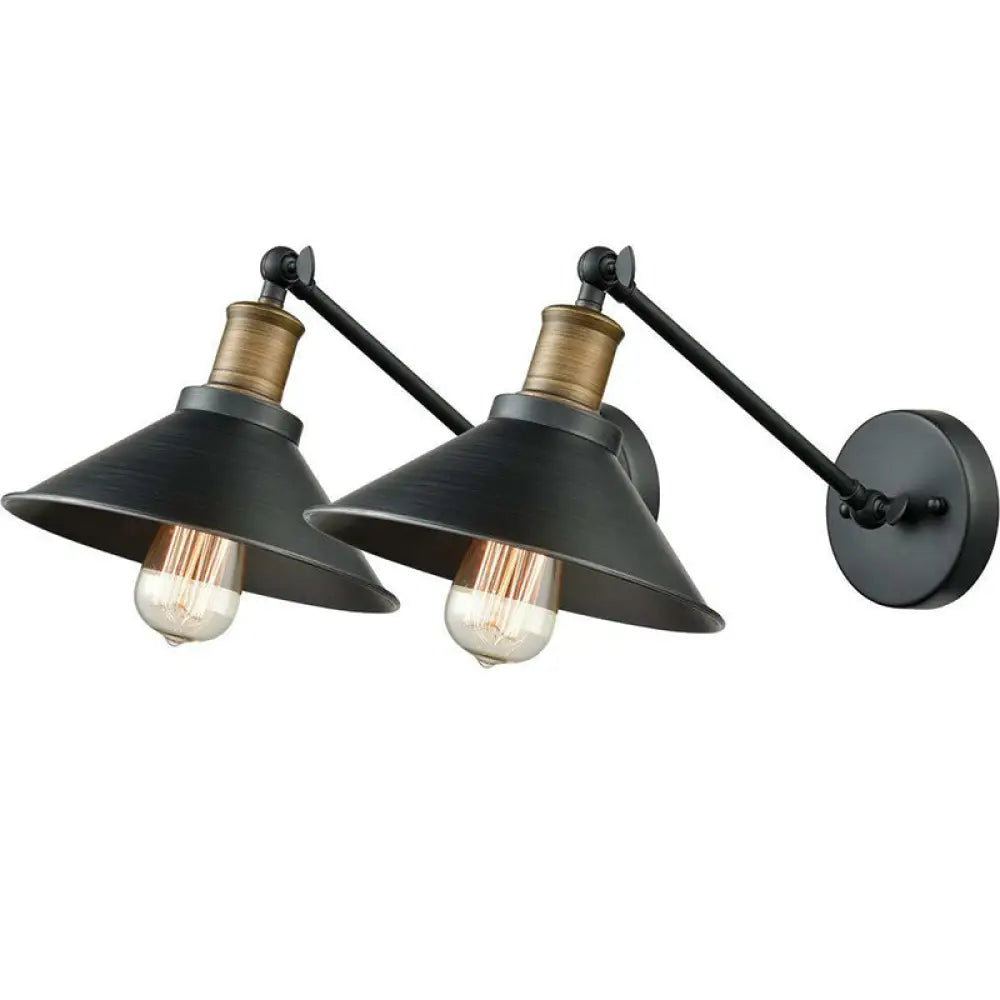 Farmhouse Metal Wall Light With Cone Shade - Black/Brass Mounted Bathroom Lamp Pivot Joint 1/2-Light