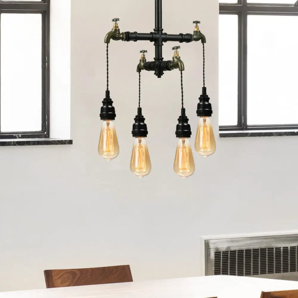 Farmhouse Metallic 4-Bulb Hanging Chandelier Lamp - Pipe Indoor Ceiling Light With Faucet In Black