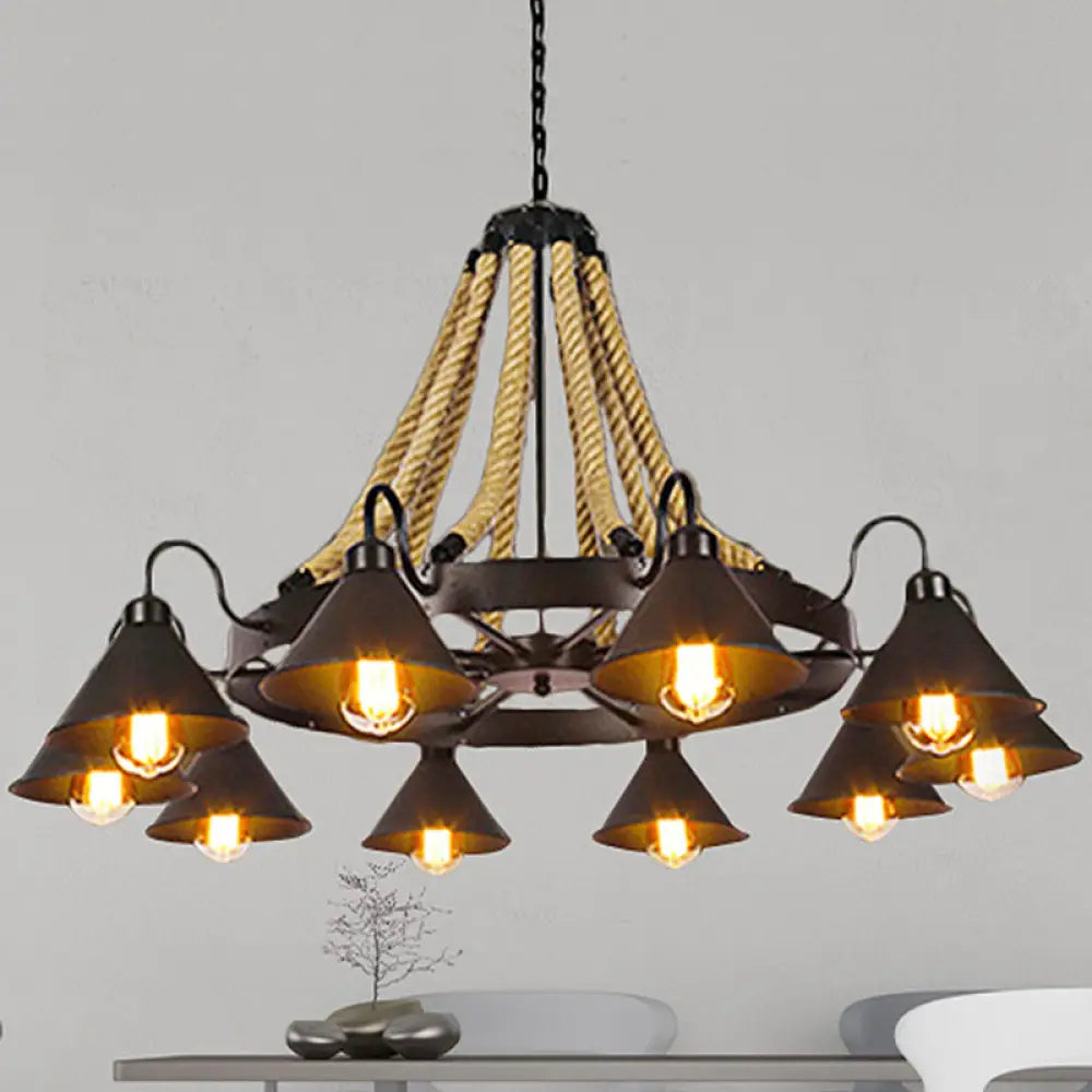 Farmhouse Metallic Cone Chandelier Lamp - 6/8 Lights Pendant Lighting With Rope Detail Black 10 /