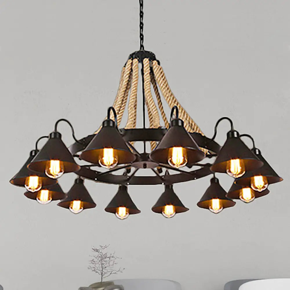 Farmhouse Metallic Cone Chandelier Lamp - 6/8 Lights Pendant Lighting With Rope Detail Black 12 /