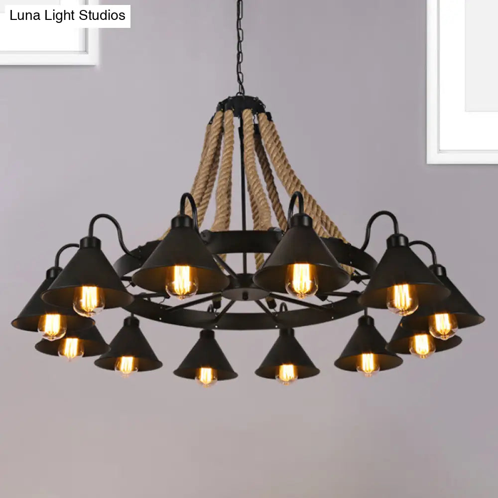 Farmhouse Metallic Cone Chandelier Lamp - 6/8 Lights Pendant Lighting With Rope Detail Black