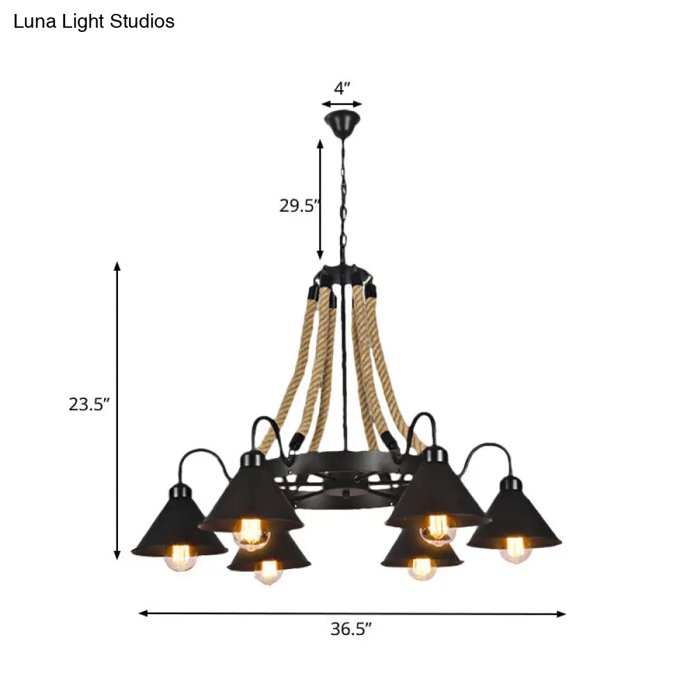 Black Rope Detail Metallic Cone Chandelier: 6/8-Light Farmhouse Restaurant Pendant Lighting