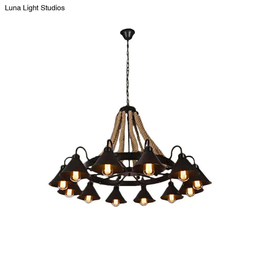 Black Rope Detail Metallic Cone Chandelier: 6/8-Light Farmhouse Restaurant Pendant Lighting