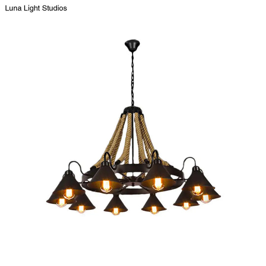 Black Rope Detail Metallic Cone Chandelier: 6/8-Light Farmhouse Restaurant Pendant Lighting