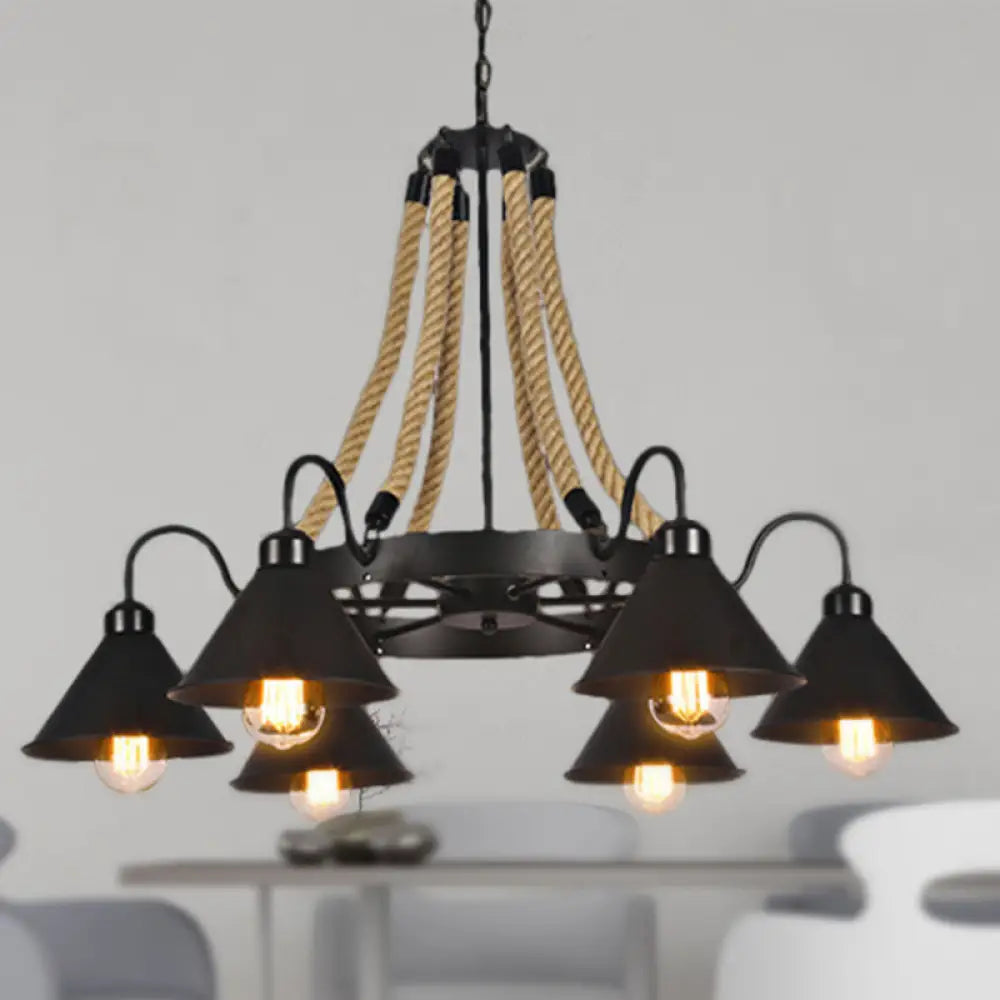 Farmhouse Metallic Cone Chandelier Lamp - 6/8 Lights Pendant Lighting With Rope Detail Black 6 /