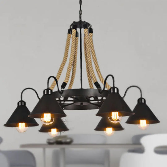 Farmhouse Metallic Cone Chandelier Lamp - 6/8 Lights Pendant Lighting With Rope Detail Black 6 /