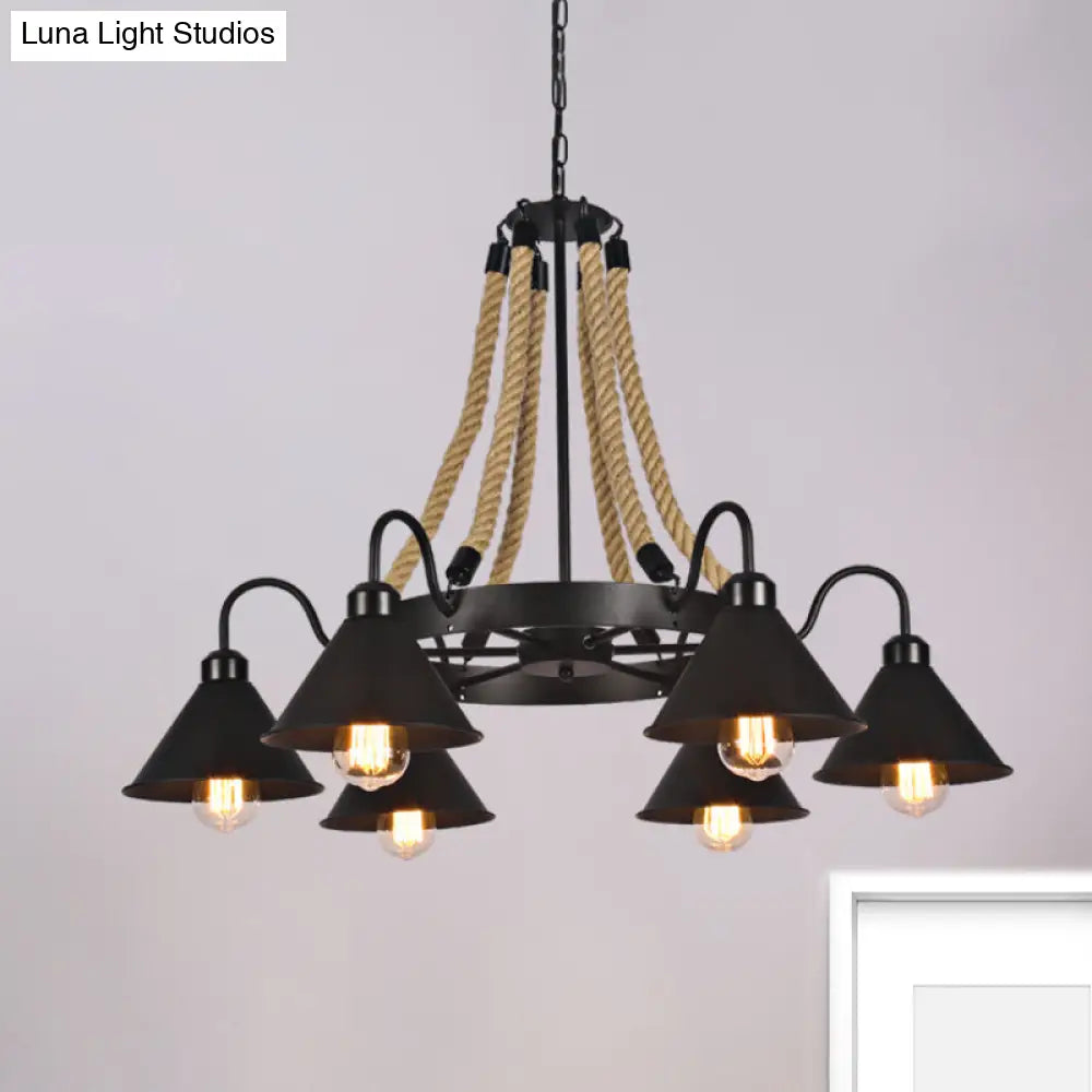 Farmhouse Metallic Cone Chandelier Lamp - 6/8 Lights Pendant Lighting With Rope Detail Black