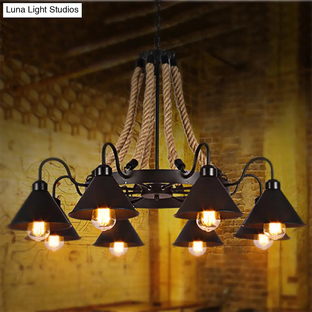 Black Rope Detail Metallic Cone Chandelier: 6/8-Light Farmhouse Restaurant Pendant Lighting