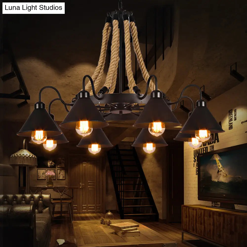 Black Rope Detail Metallic Cone Chandelier: 6/8-Light Farmhouse Restaurant Pendant Lighting