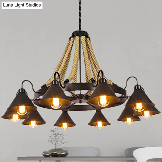 Black Rope Detail Metallic Cone Chandelier: 6/8-Light Farmhouse Restaurant Pendant Lighting 10 /