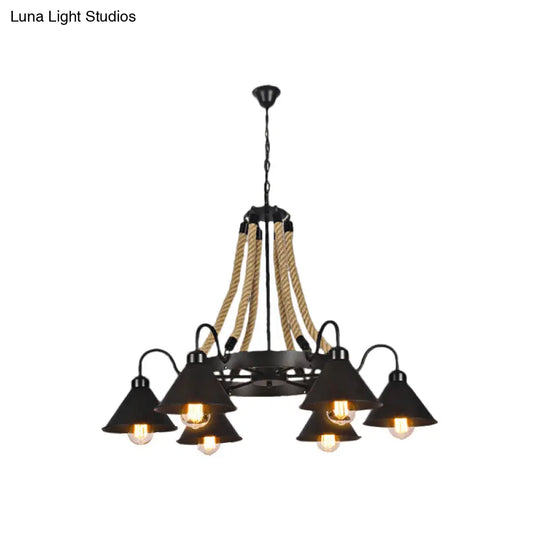 Farmhouse Metallic Cone Chandelier Lamp - 6/8 Lights Pendant Lighting With Rope Detail Black