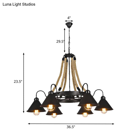 Farmhouse Metallic Cone Chandelier Lamp - 6/8 Lights Pendant Lighting With Rope Detail Black