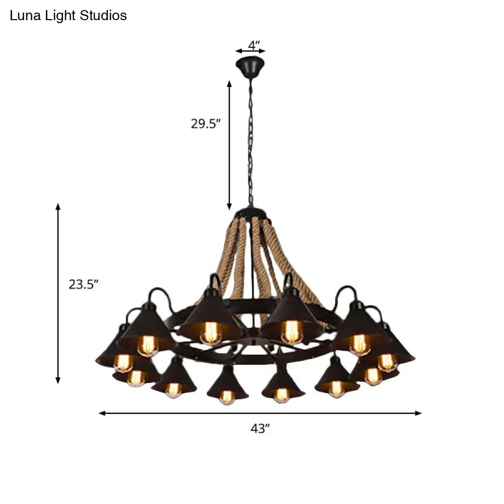 Farmhouse Metallic Cone Chandelier Lamp - 6/8 Lights Pendant Lighting With Rope Detail Black