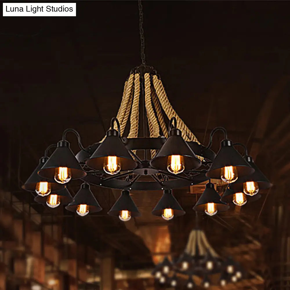 Black Rope Detail Metallic Cone Chandelier: 6/8-Light Farmhouse Restaurant Pendant Lighting