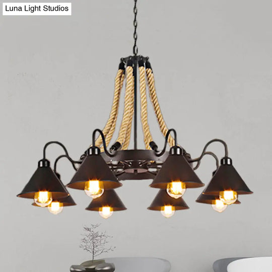 Black Rope Detail Metallic Cone Chandelier: 6/8-Light Farmhouse Restaurant Pendant Lighting 8 /