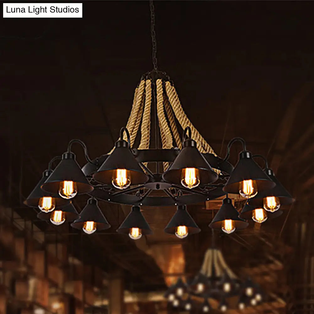 Farmhouse Metallic Cone Chandelier Lamp - 6/8 Lights Pendant Lighting With Rope Detail Black