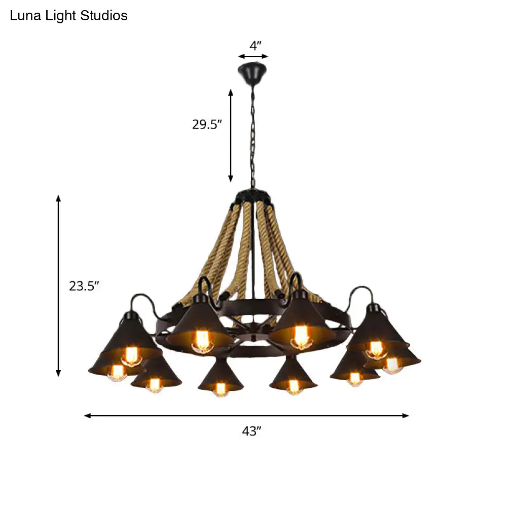 Farmhouse Metallic Cone Chandelier Lamp - 6/8 Lights Pendant Lighting With Rope Detail Black