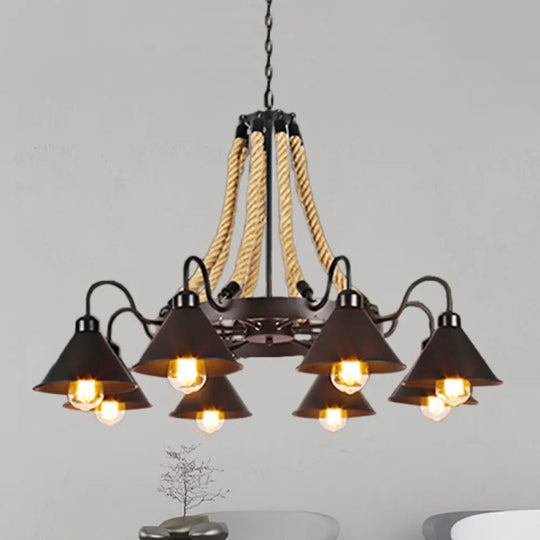 Farmhouse Metallic Cone Chandelier Lamp - 6/8 Lights Pendant Lighting With Rope Detail Black 8 /