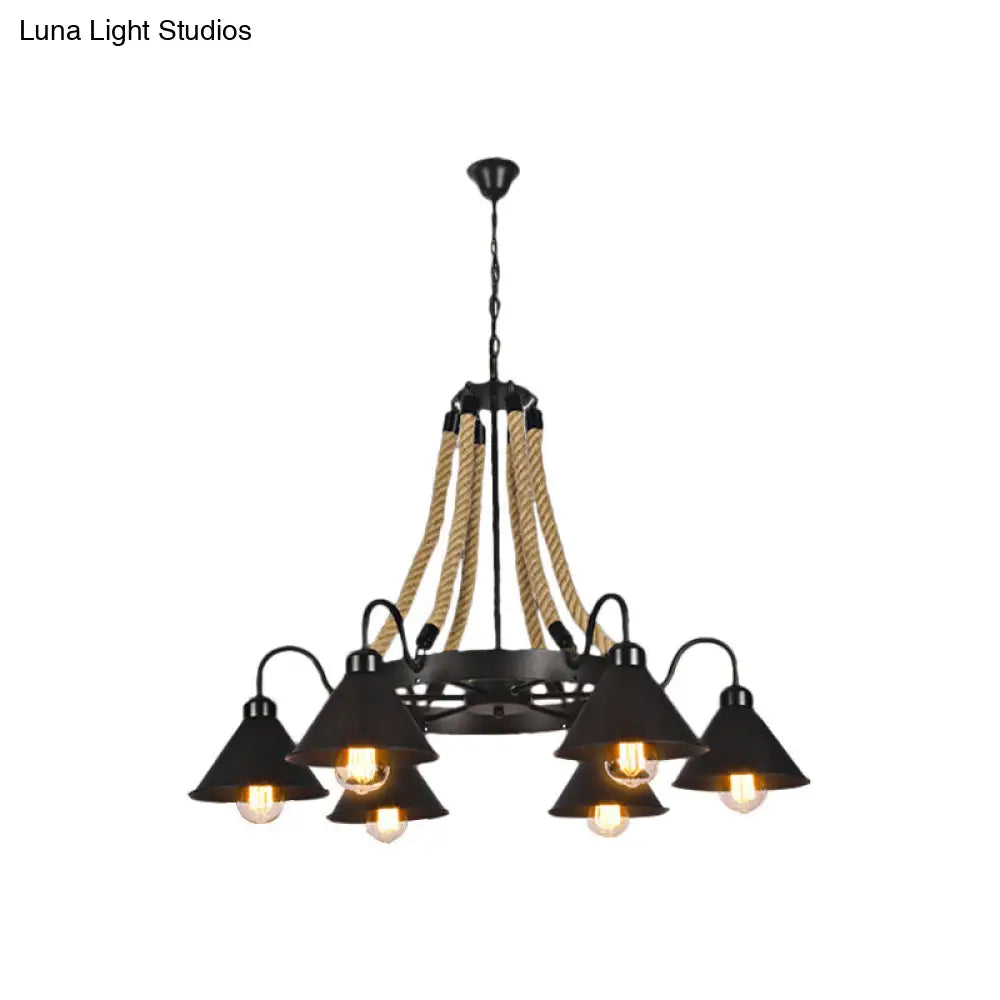 Black Rope Detail Metallic Cone Chandelier: 6/8-Light Farmhouse Restaurant Pendant Lighting