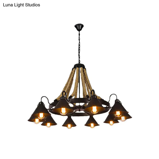 Farmhouse Metallic Cone Chandelier Lamp - 6/8 Lights Pendant Lighting With Rope Detail Black