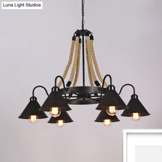 Black Rope Detail Metallic Cone Chandelier: 6/8-Light Farmhouse Restaurant Pendant Lighting