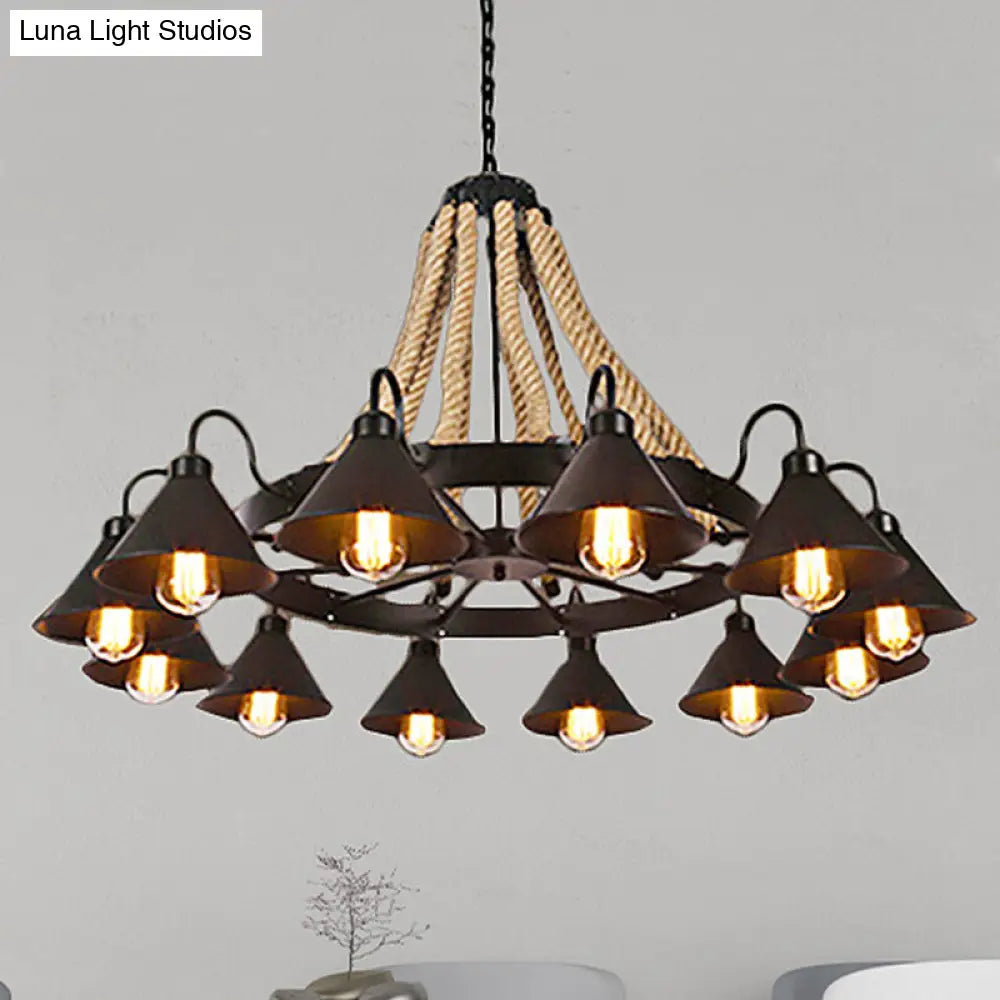 Black Rope Detail Metallic Cone Chandelier: 6/8-Light Farmhouse Restaurant Pendant Lighting 12 /