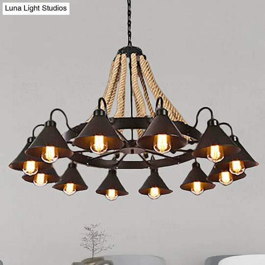 Black Rope Detail Metallic Cone Chandelier: 6/8-Light Farmhouse Restaurant Pendant Lighting 12 /