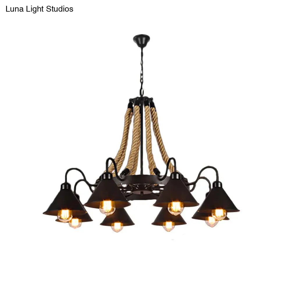 Black Rope Detail Metallic Cone Chandelier: 6/8-Light Farmhouse Restaurant Pendant Lighting