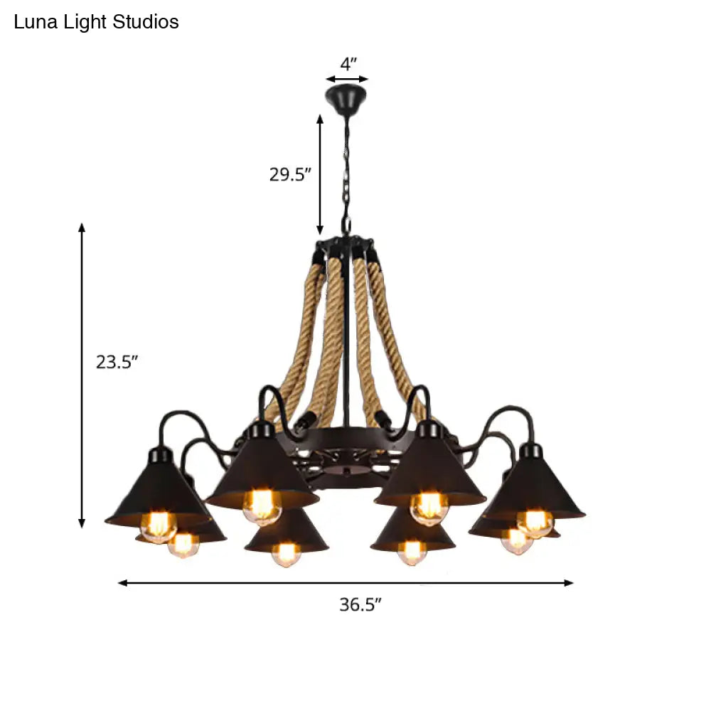 Farmhouse Metallic Cone Chandelier Lamp - 6/8 Lights Pendant Lighting With Rope Detail Black