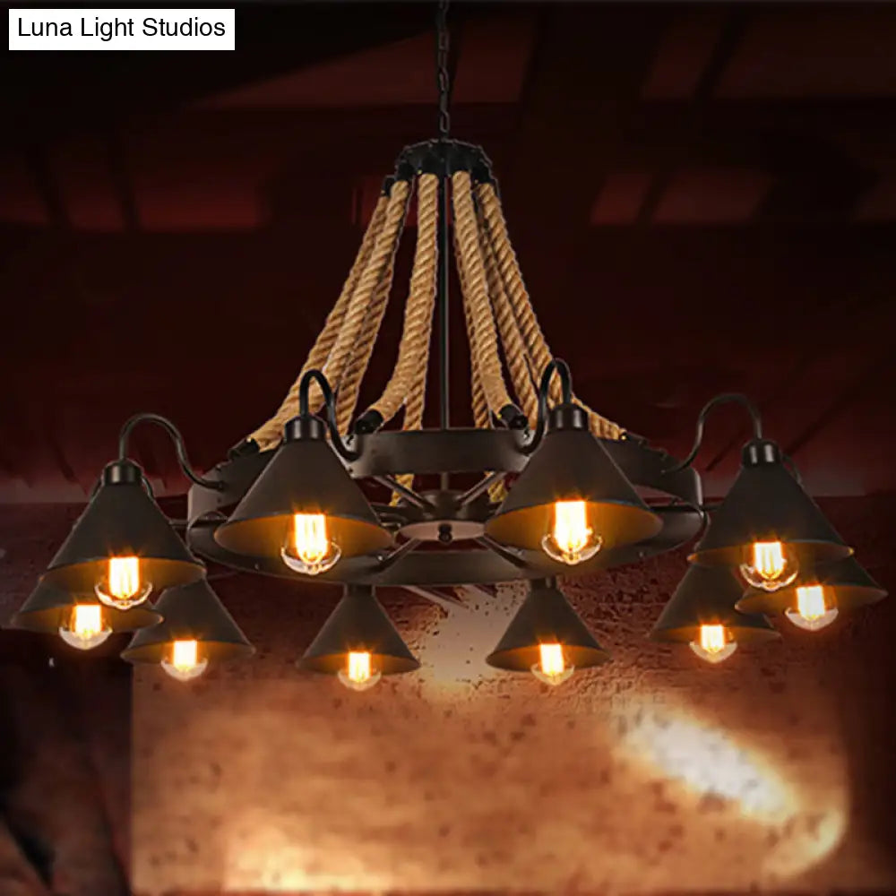 Farmhouse Metallic Cone Chandelier Lamp - 6/8 Lights Pendant Lighting With Rope Detail Black