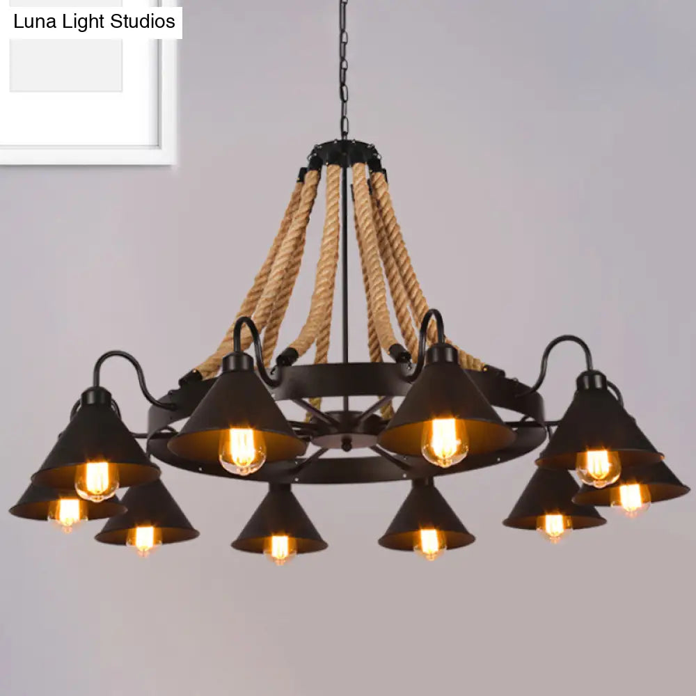 Farmhouse Metallic Cone Chandelier Lamp - 6/8 Lights Pendant Lighting With Rope Detail Black