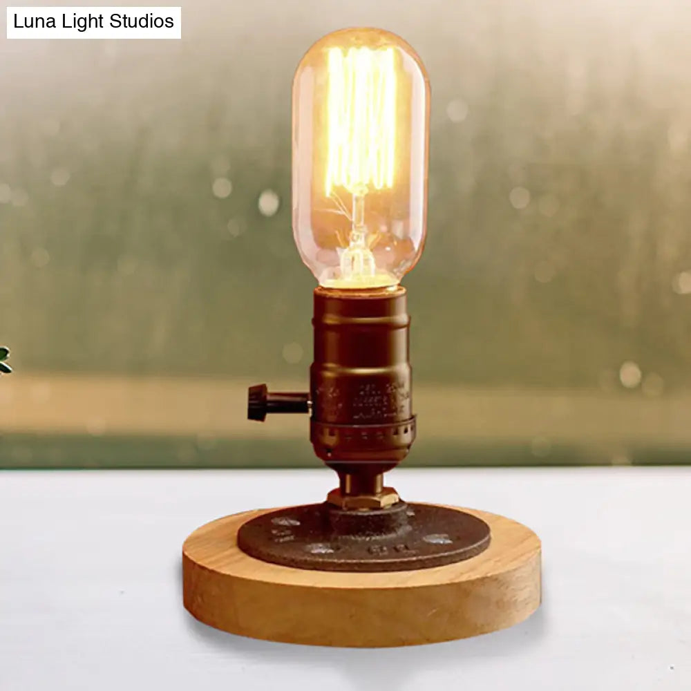 Farmhouse Mini Table Lamp | Brass Finish Wooden Base Metal 1-Light Restaurant Lighting