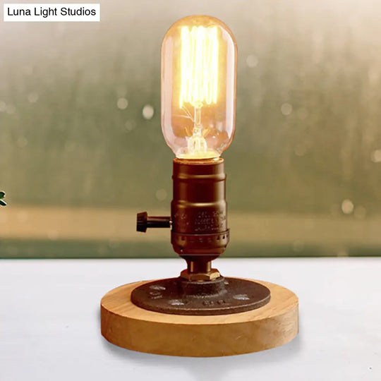 Farmhouse Mini Table Lamp | Brass Finish Wooden Base Metal 1-Light Restaurant Lighting