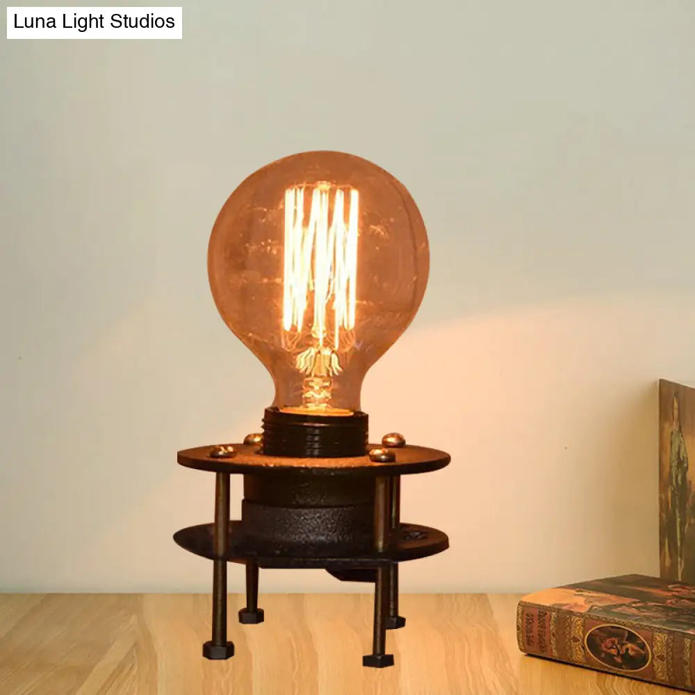 Farmhouse Mini Table Lamp - Industrial Wrought Iron Standing Light With Bare Bulb In Black