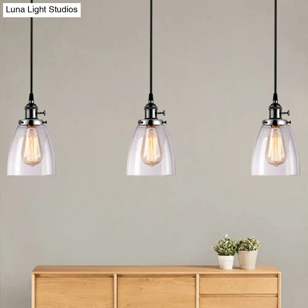 Farmhouse Style 3-Light Multi Pendant With Ribbed Clear Glass Cone Shades - Perfect For Dining Room