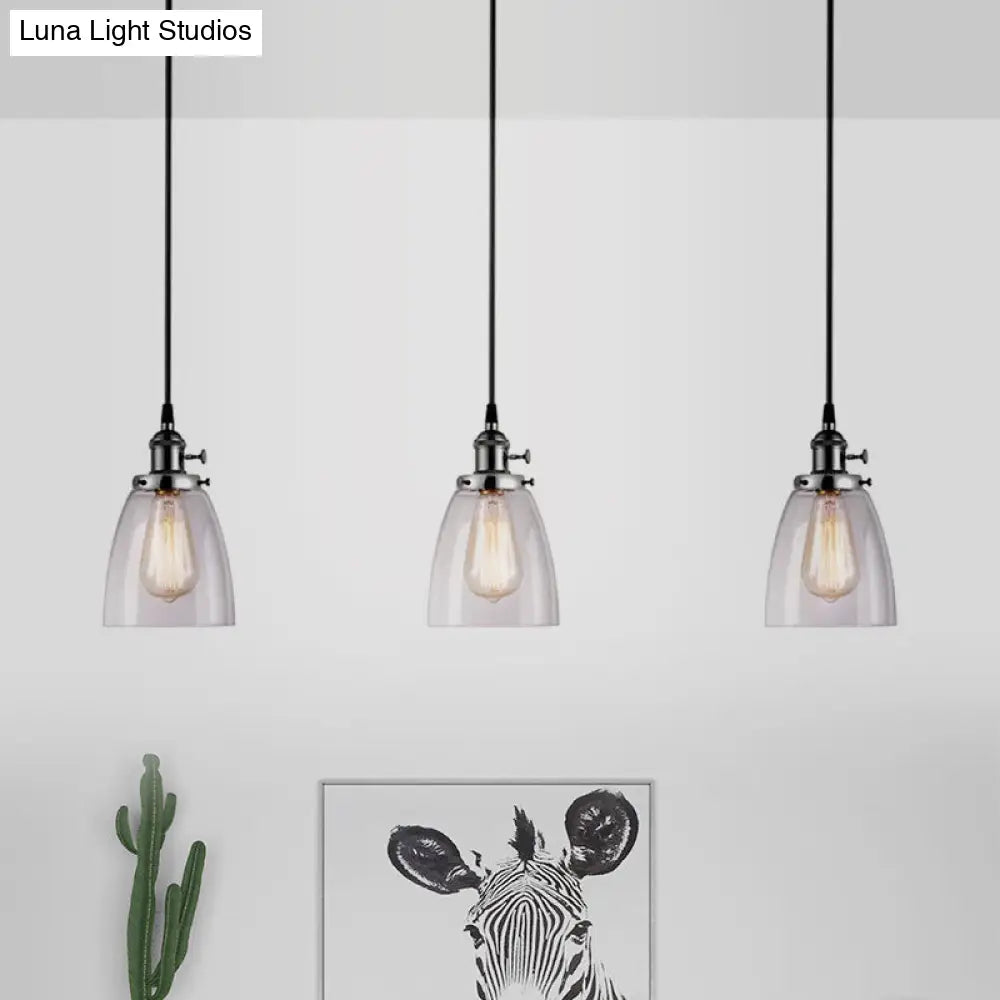 Farmhouse Style 3-Light Multi Pendant With Ribbed Clear Glass Cone Shades - Perfect For Dining Room